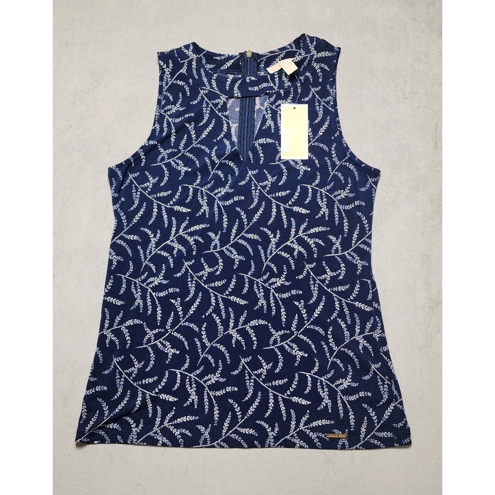 NWT Michael Kors Women's Floral Print Sleeveless Tank Top True Navy Size Small